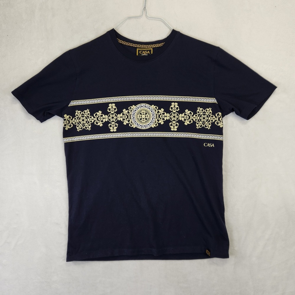 Casa Moda Couture Mens Navy‎ Blue Gold Baroque Greek Key Graphic T-Shirt Small